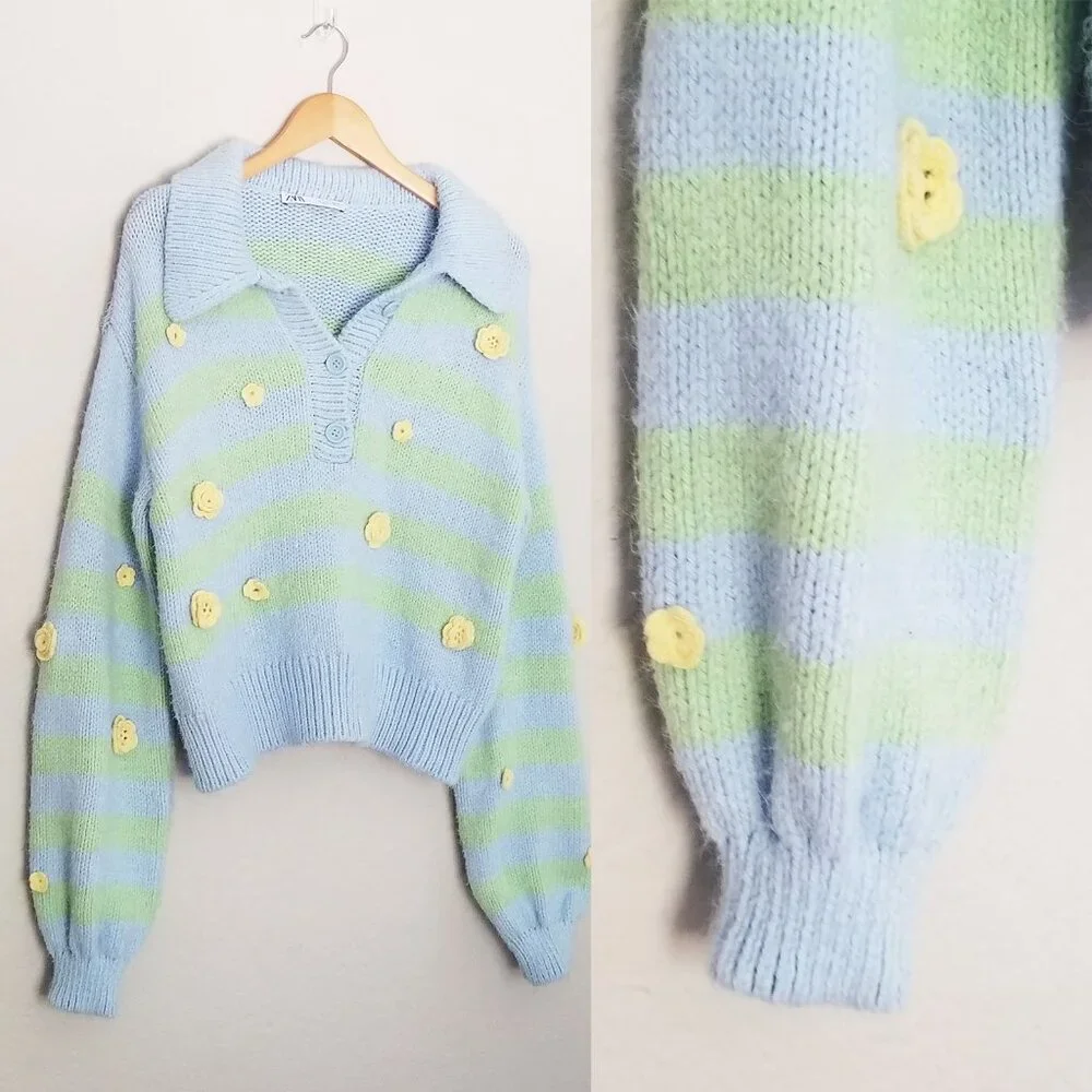 Zara Crochet 3D Floral Embroidered Striped Polo Collared Sweater L Blue Fairy - Picture 15 of 16